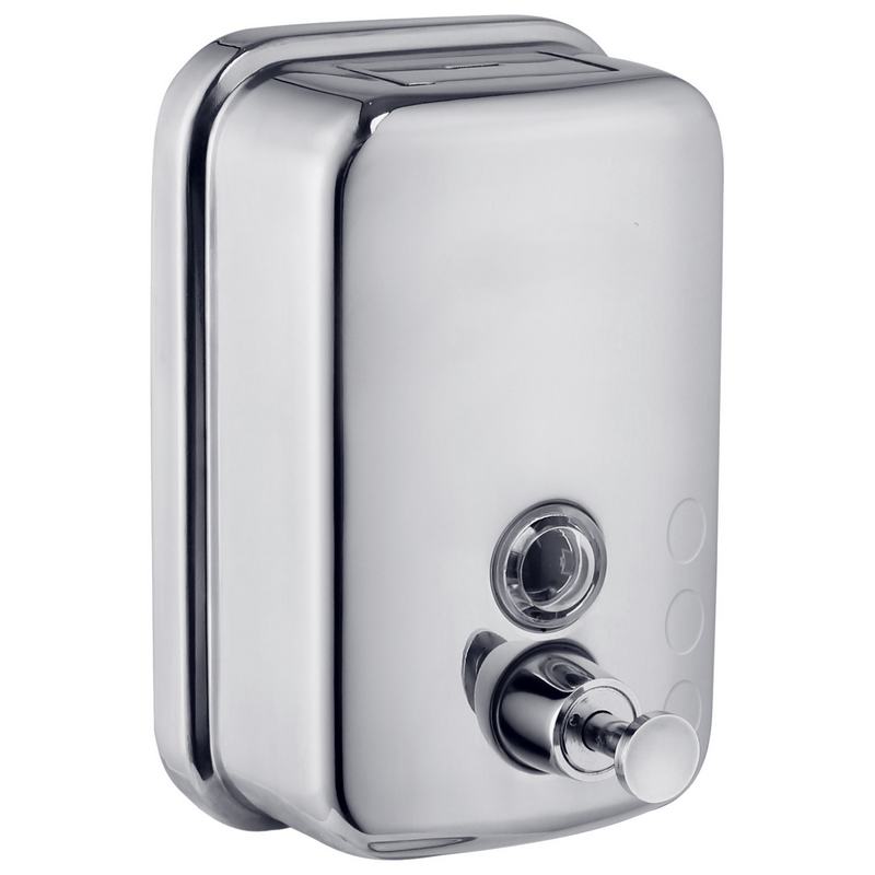 Doseador manual de sab�o l�quido vertical em a�o inoxid�vel de 600 ml. Acabamento escovado