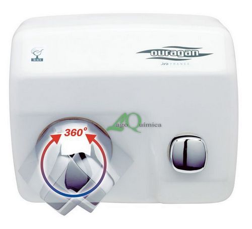 Secador de mãos Ouragan anti-vandalismo com botão em cor epóxi  branco com bocal orientável 360º.