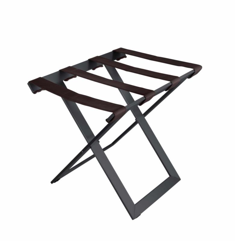 Suporte de malas de metal preto, design compacto e ultrarresistente   com 4 tiras de couro sint�tico.